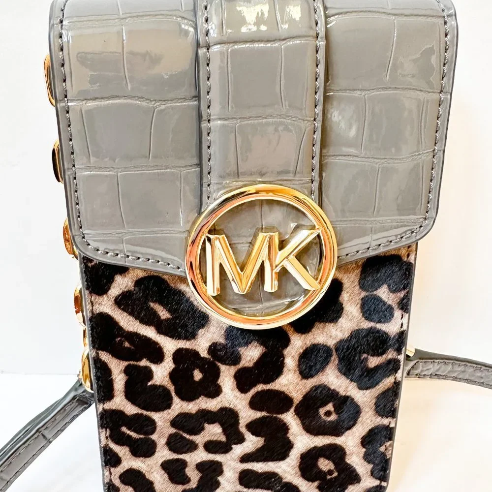 Michael Kors Gray Croc-Embossed & Leopard Phone Crossbody, like new, no tags